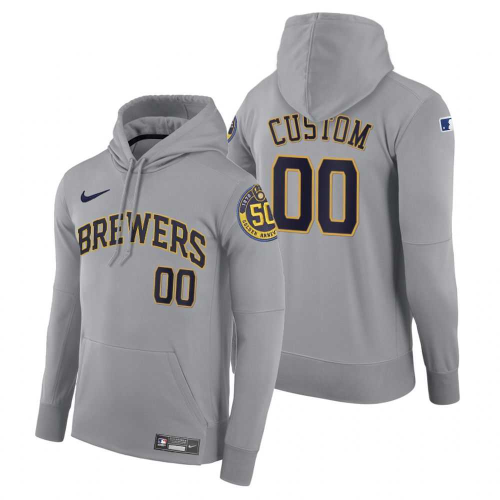 Men Milwaukee Brewers 00 Custom gray road hoodie 2021 MLB Nike Jerseys